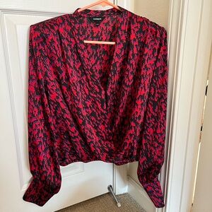 Express Women's Vibrant Red and Black Patterned Blouse